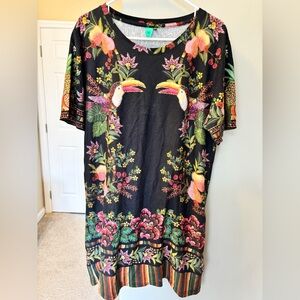 FARM Rio Black Tropical Toucan Tshirt Dress with Bright Floral Print